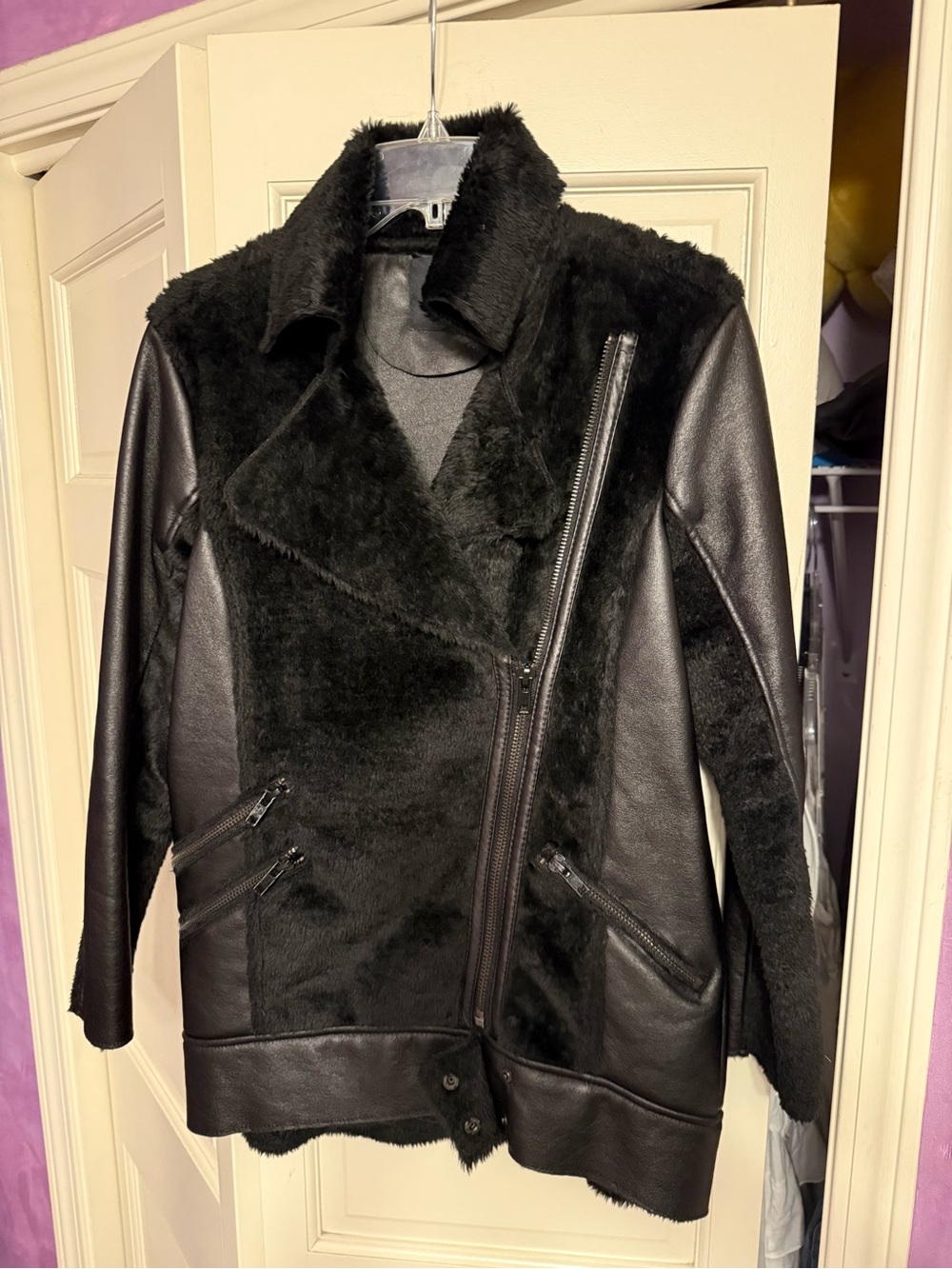 Asos oversized small Black Faux Shearling Moto Jacket - Women